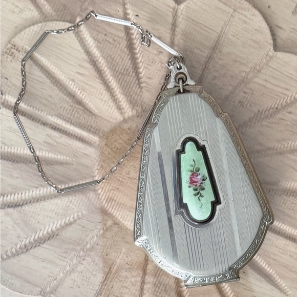 Antique Art Deco Guilloche Flower Enamel Silver Compact Mirror Purse Wristlet - Picture 1 of 10